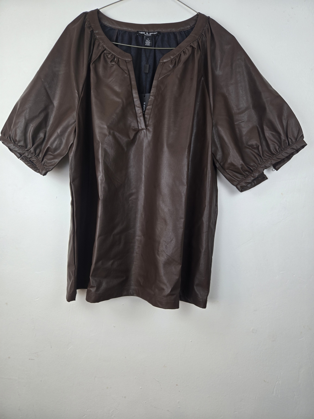 Cable & Gauge Womens Brown Faux-Leather Puff Sleeve Top Size 1X
